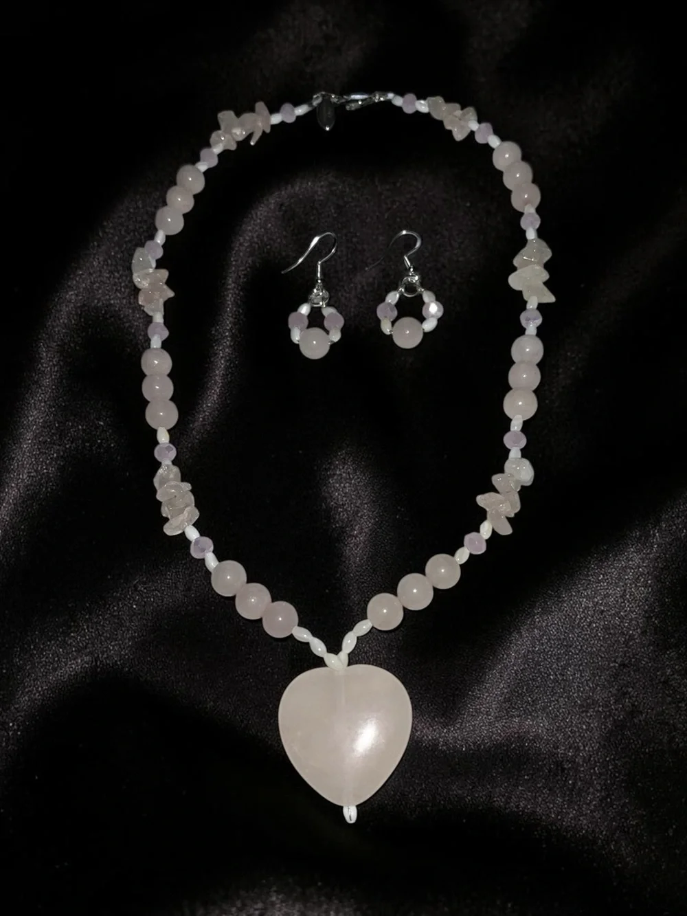 Rose Quartz Heart Pendant Necklace and Earring Set - Women Jewelry